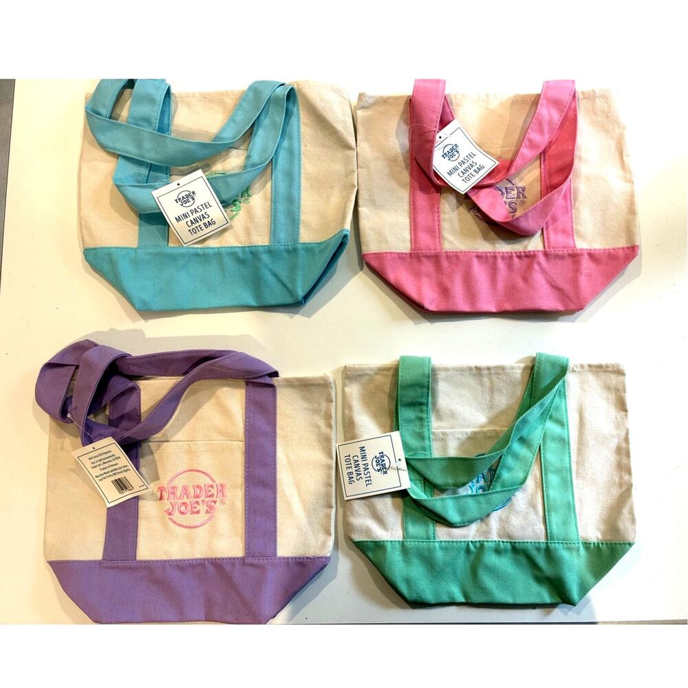 TRADER JOE'S LIMITED EDITION VIRAL PASTEL MINI CANVAS TOTE BAGS 4-PIECE SET NEW!
